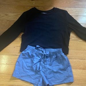 Black long sleeve and dusty blue tie shorts!